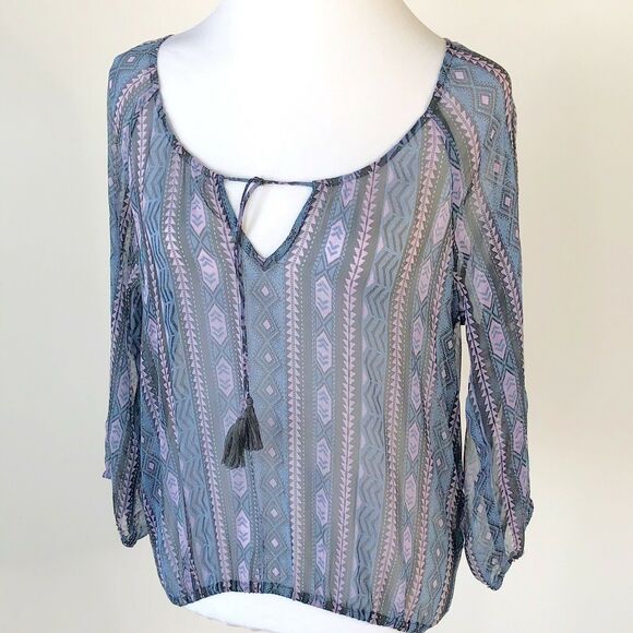 American Eagle Outfitters Women’s Sheer top size small tribal print Tie neck - Picture 1 of 4